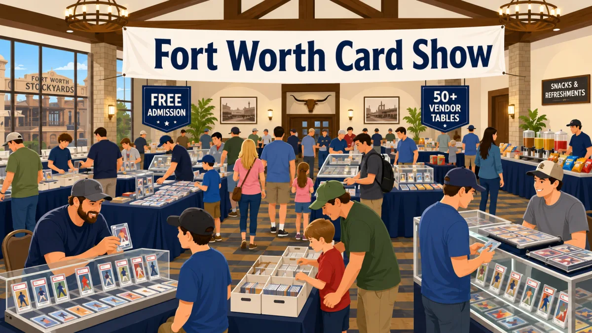 Fort Worth Card Show banner above a Stockyards-area hall with 50+ vendor tables, graded slab displays, bargain card boxes, and a snacks station.
