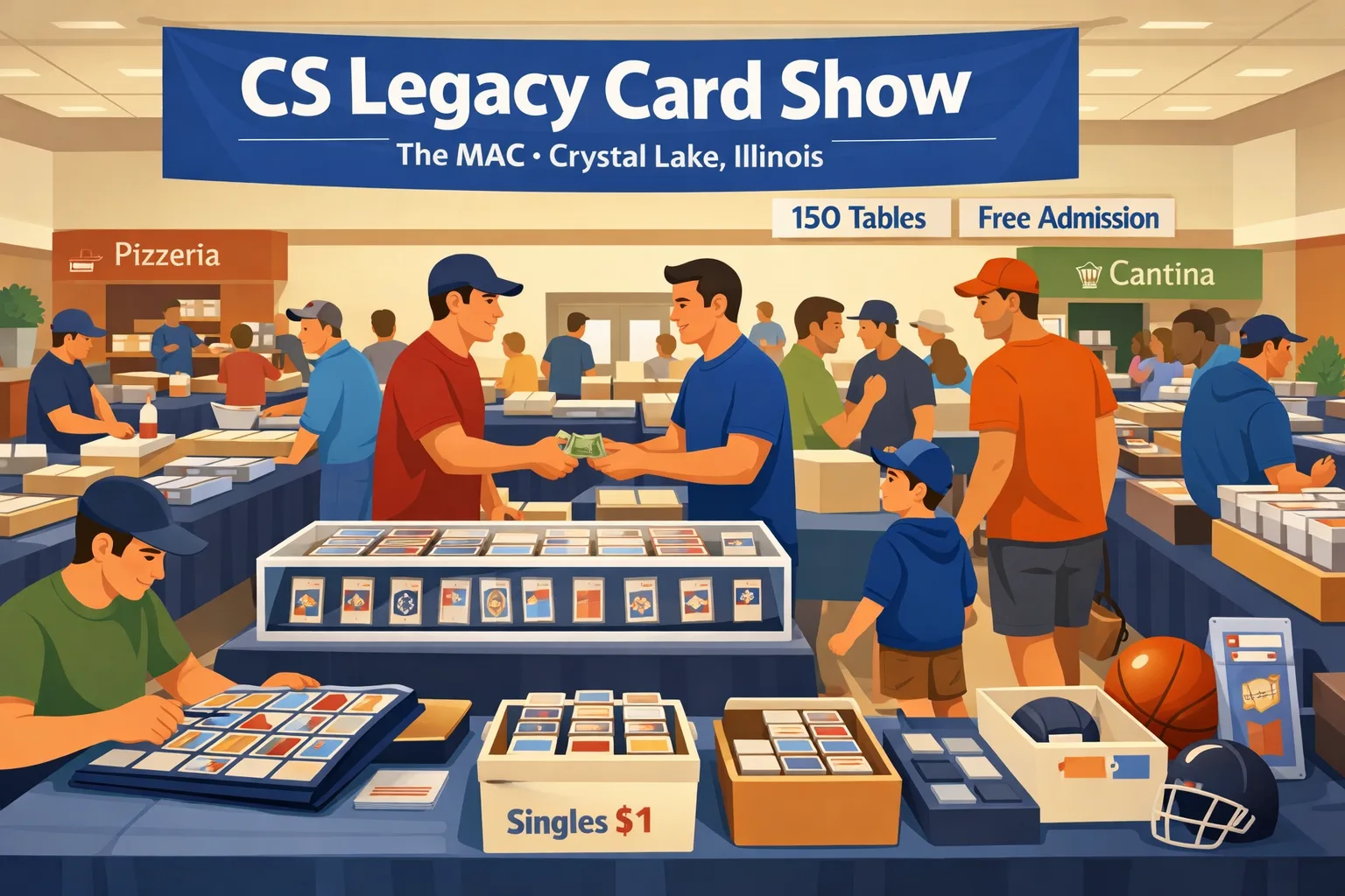 Hero illustration of the CS Legacy Card Show in Crystal Lake, Illinois, showing a busy community hall with vendor tables, display cases, sports card slabs, trading card binders, bargain boxes, a pizzeria at back left, and a cantina at back right.