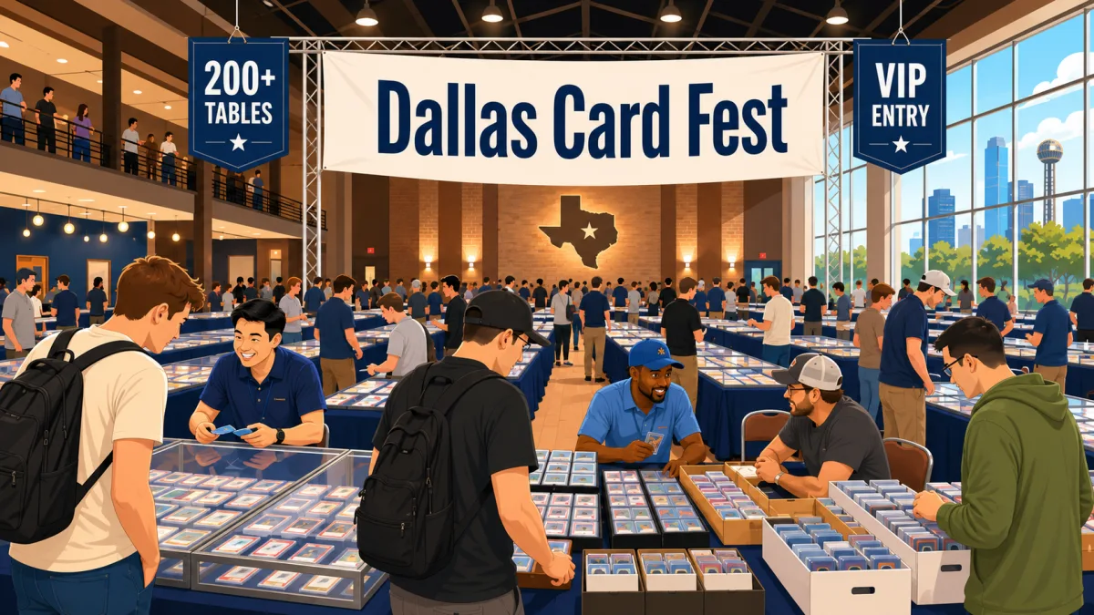 Illustrated Dallas Card Fest show floor at Gilley's Dallas with collectors browsing vendor tables beneath signs for 200+ tables and VIP entry.