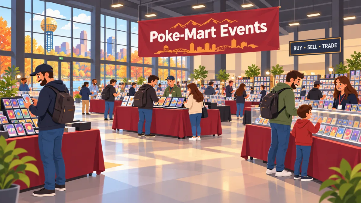 Collectors browse trading card displays inside a spacious exhibition hall beneath a Poke-Mart Events banner. A parent and child approach vendor tables in warm autumn light.