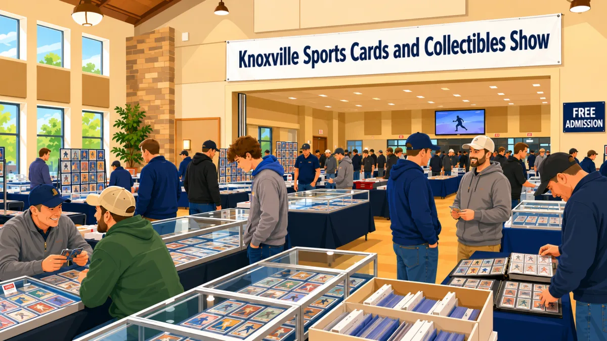 Illustrated Knoxville card show floor with collectors browsing display cases, binders, slabs, and bargain boxes beneath Knoxville Sports Cards and Collectibles Show and Free Admission signs.