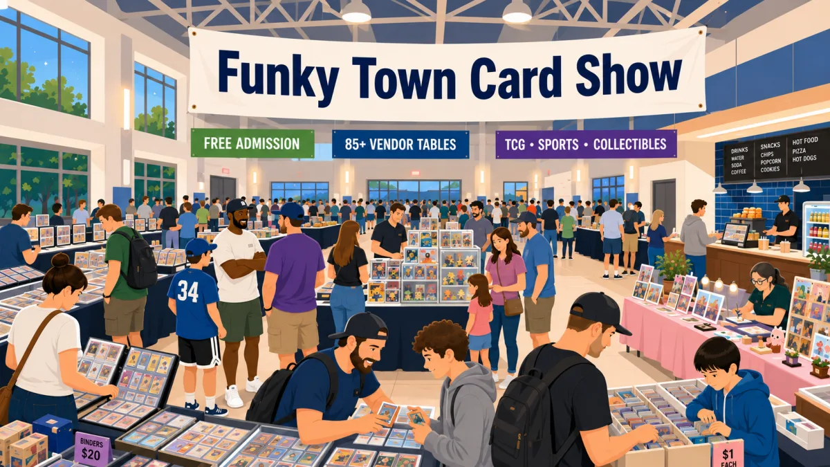 Funky Town Card Show fills a busy indoor hall with 85+ vendor tables, free admission banners, and rows of graded cards, binders, and collectibles.