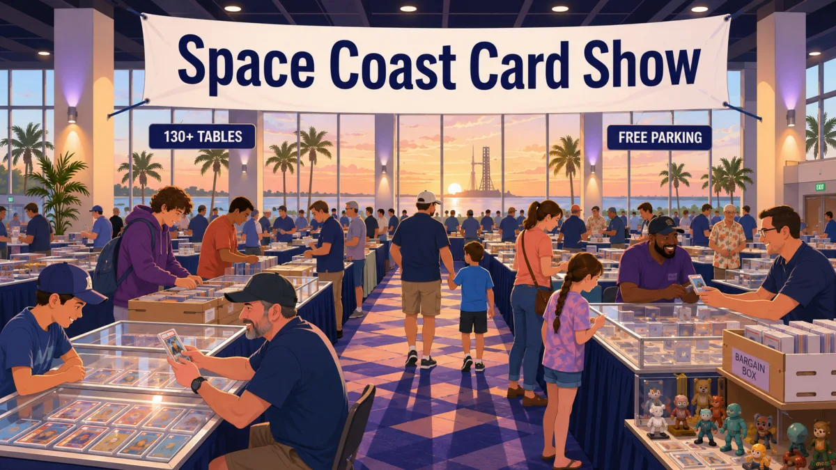 Editorial illustration of collectors browsing card tables beneath a Space Coast Card Show banner inside a coastal Florida resort convention hall.