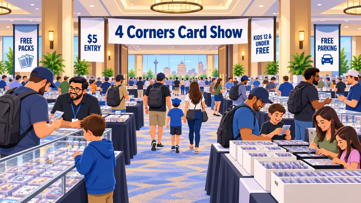 Collectors browse trading cards at vendor tables inside a bright hotel conference hall beneath a 4 Corners Card Show banner with admission and parking callouts.