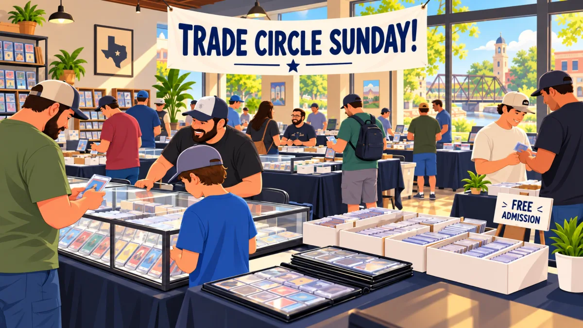 Illustration of collectors browsing display cases and binders at a compact Trade Circle Sunday! card show inside a Seguin card shop, with a Free Admission sign.