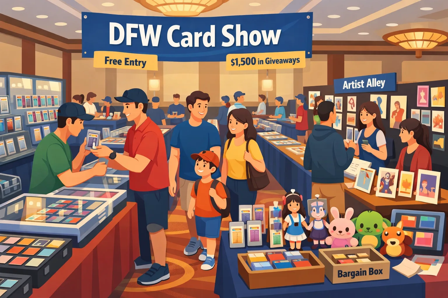 DFW Card Show hero illustration showing collectors browsing vendor tables, display cases, sports cards, Pokémon and TCG binders, artist alley booths, and giveaways inside a busy Las Colinas hotel event hall in Dallas, Texas.