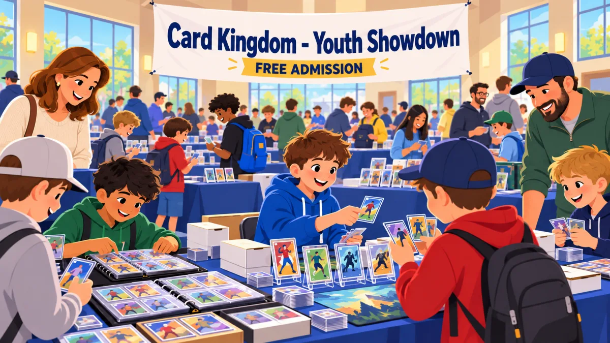 Young collectors and accompanying adults browse and trade cards at tables inside a bright community center beneath a Card Kingdom - Youth Showdown banner.