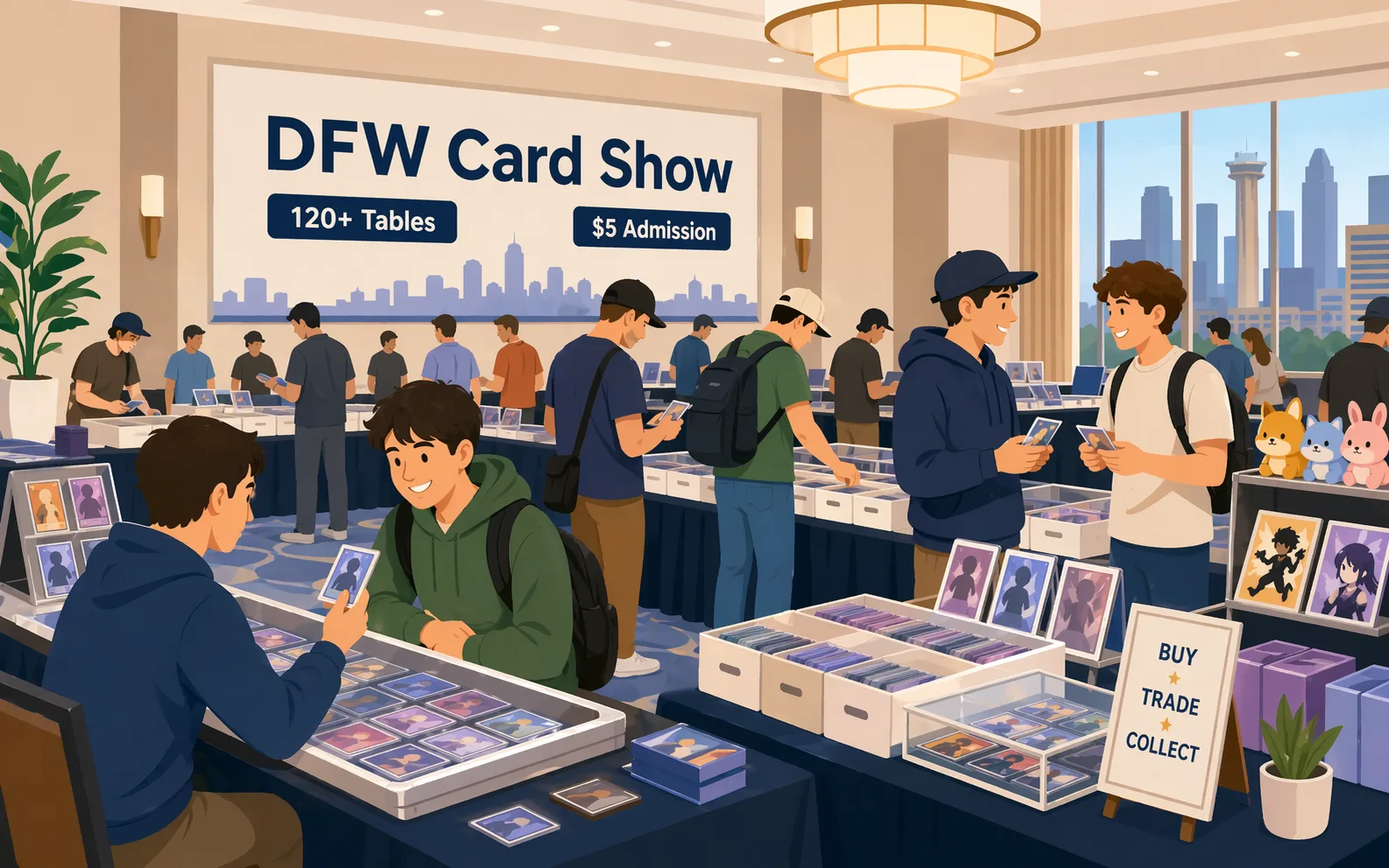 Illustrated show floor for the DFW Card Show in Fort Worth, Texas, inside a downtown hotel event hall with vendor tables, trading card binders, display cases, anime collectibles, plushies, and collectors browsing.