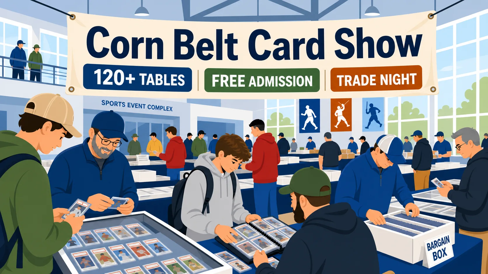 Corn Belt Card Show at Sports Event Complex with 120+ tables, collectors examining graded sports cards, free admission and trade night signage.