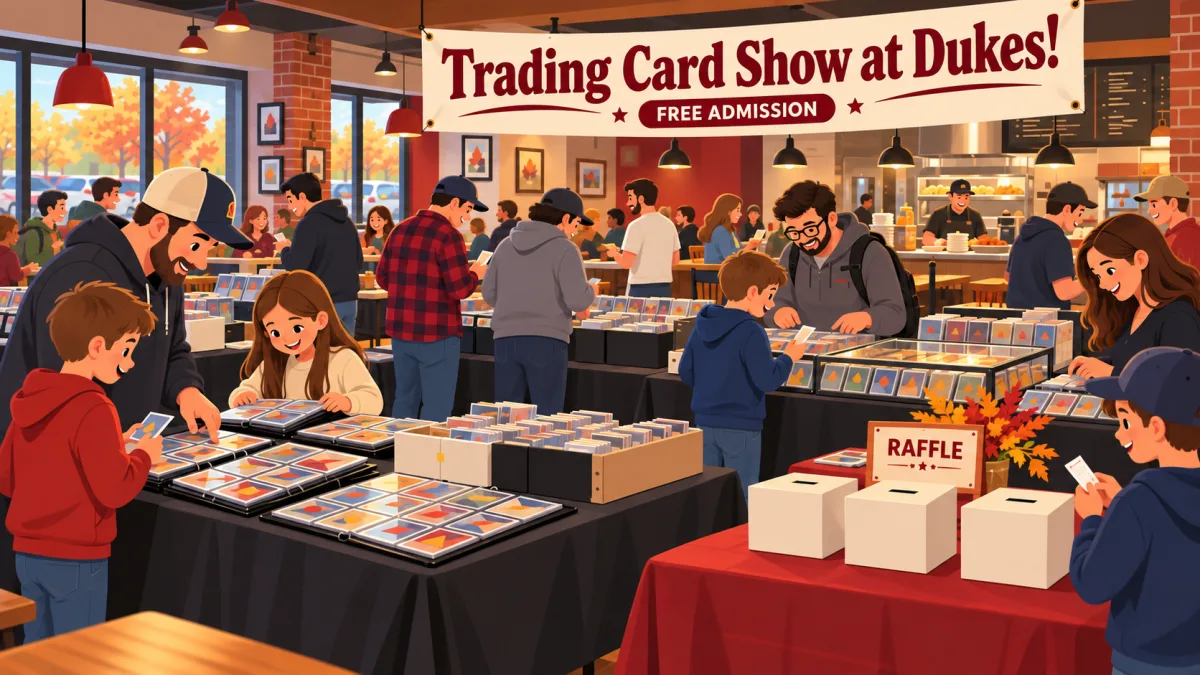 Adults and children browse trading card displays beside a restaurant food counter beneath a Trading Card Show at Dukes! banner. A small raffle station holds three prize boxes.