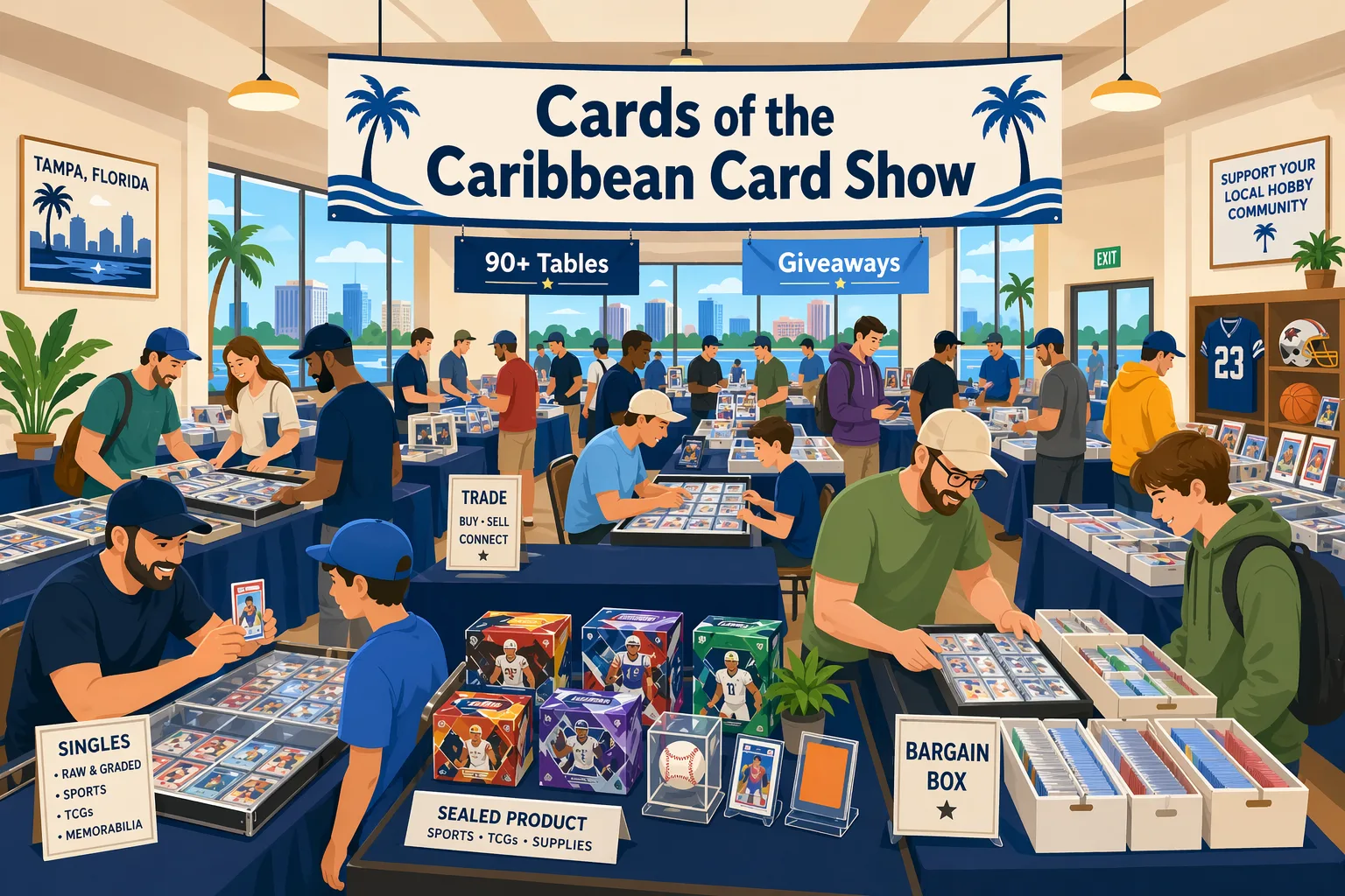 Vector illustration of the Cards of the Caribbean Card Show in Tampa, showing a busy lodge hall with vendor tables, slabs, binders, memorabilia, and collectors browsing.