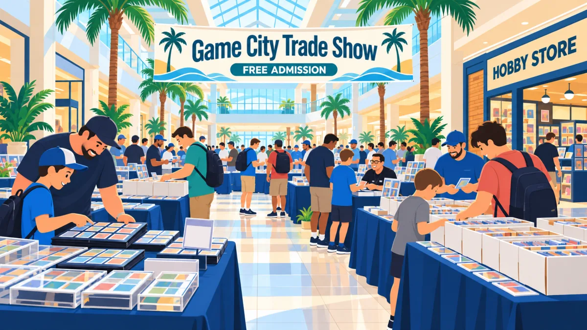 Illustration of collectors browsing trading-card tables inside Volusia Mall beneath a Game City Trade Show banner and free-admission sign.