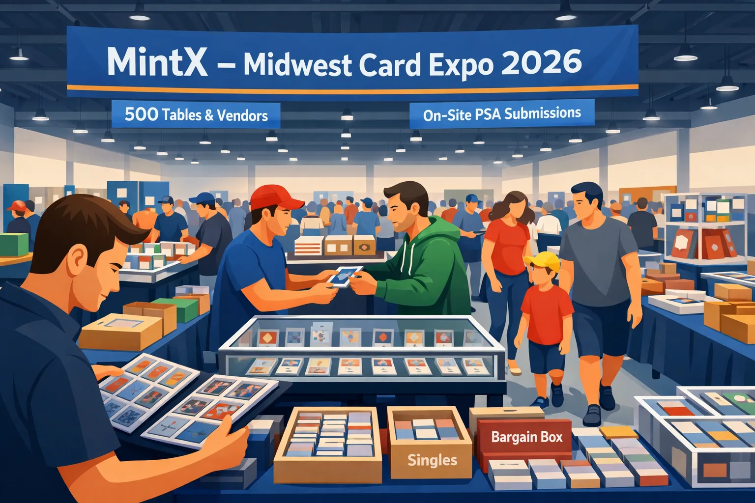 Hero illustration of MINT X – Midwest Card Expo 2026 in Grayslake, Illinois, showing a busy fairgrounds expo hall with vendor tables, display cases, slabs, binders, memorabilia, and collectors trading and browsing.