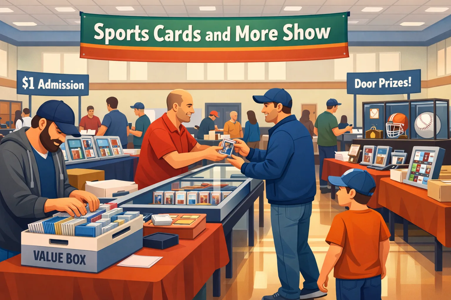 Hero image of the Sports Cards and More Show in Orland Park, featuring a civic center show floor with vendor tables, display cases, bargain boxes, sports cards, slabs, two men trading a card, and a kid watching them make the deal.