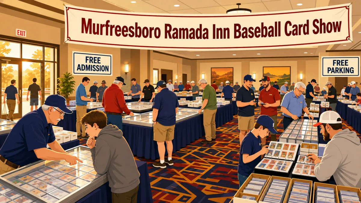 Collectors browse sports card tables in an early-morning hotel meeting room beneath a Murfreesboro Ramada Inn Baseball Card Show banner with free-admission and free-parking callouts.