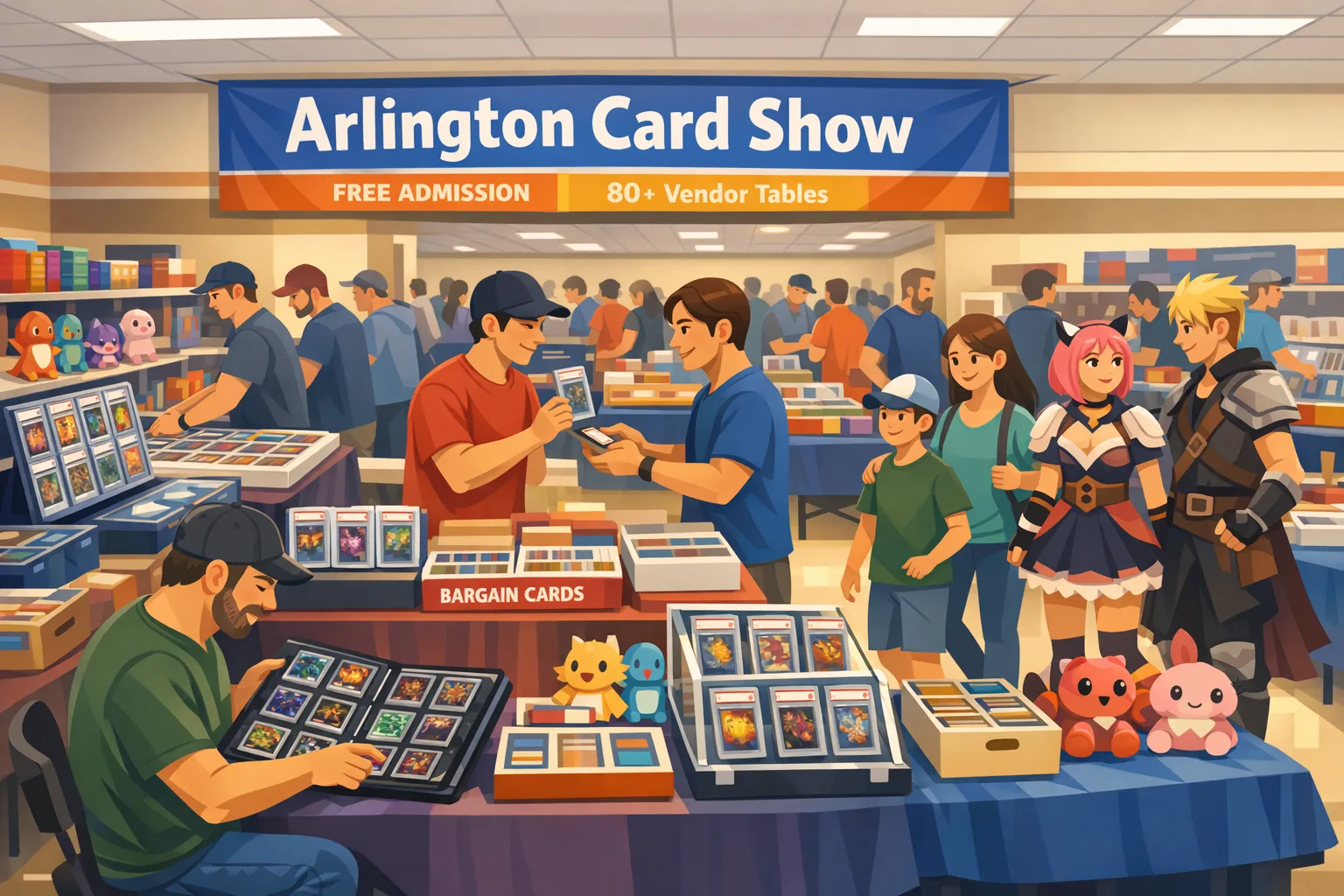 Arlington Card Show hero illustration showing a busy family-friendly card show in Arlington, Texas with vendor tables, display cases, binders, a couple cosplaying, and collectors browsing Pokémon, One Piece, Dragon Ball, and other TCG collectibles.