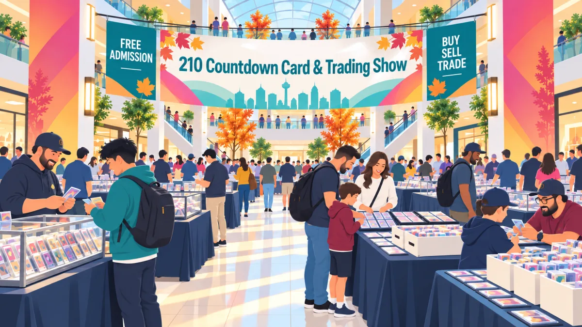 Illustration of collectors browsing and trading at vendor tables inside a San Antonio shopping mall beneath a 210 Countdown Card & Trading Show banner.
