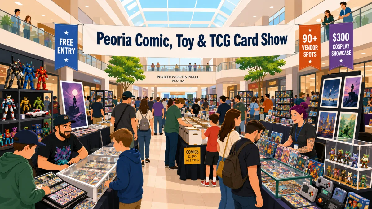 Peoria Comic, Toy and TCG Card Show at Northwoods Mall, with 90+ vendor tables, trading card glass cases, comic boxes, and toy figure displays.