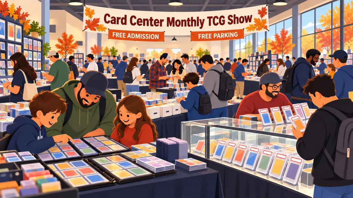 Illustration of collectors browsing card tables inside Card Center beneath a Card Center Monthly TCG Show banner with free admission and free parking callouts.