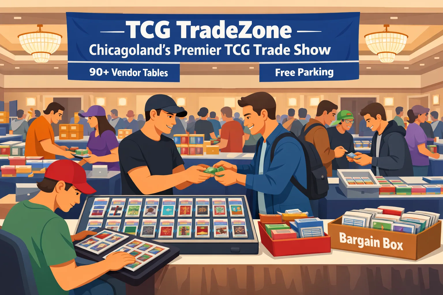 TCG TradeZone illustration in Rosemont, Illinois, showing a busy hotel ballroom card show with vendor tables, display cases, TCG slabs, packs, singles boxes, and binders. A seated man browses a binder while two men trade at center.