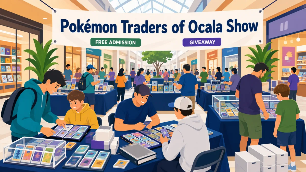 Illustrated collector show inside Paddock Mall with vendor tables, display cases, binders, and attendees beneath a Pokémon Traders of Ocala Show banner.