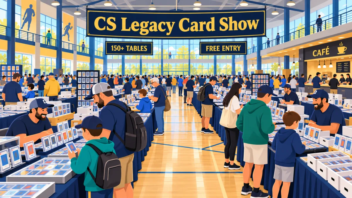 Collectors browse rows of vendor tables beneath a CS Legacy Card Show banner inside a spacious Crystal Lake event venue.