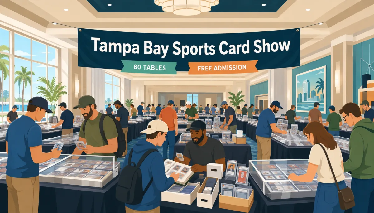 Illustration of the Tampa Bay Sports Card Show inside a Tampa hotel ballroom, with collectors browsing vendor tables, display cases, binders, card boxes, comics, and memorabilia beneath an event banner.