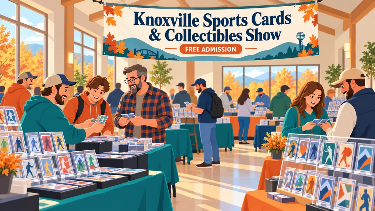 Collectors browse trading card displays and discuss trades in a community room beneath a Knoxville Sports Cards & Collectibles Show banner and a free admission sign.