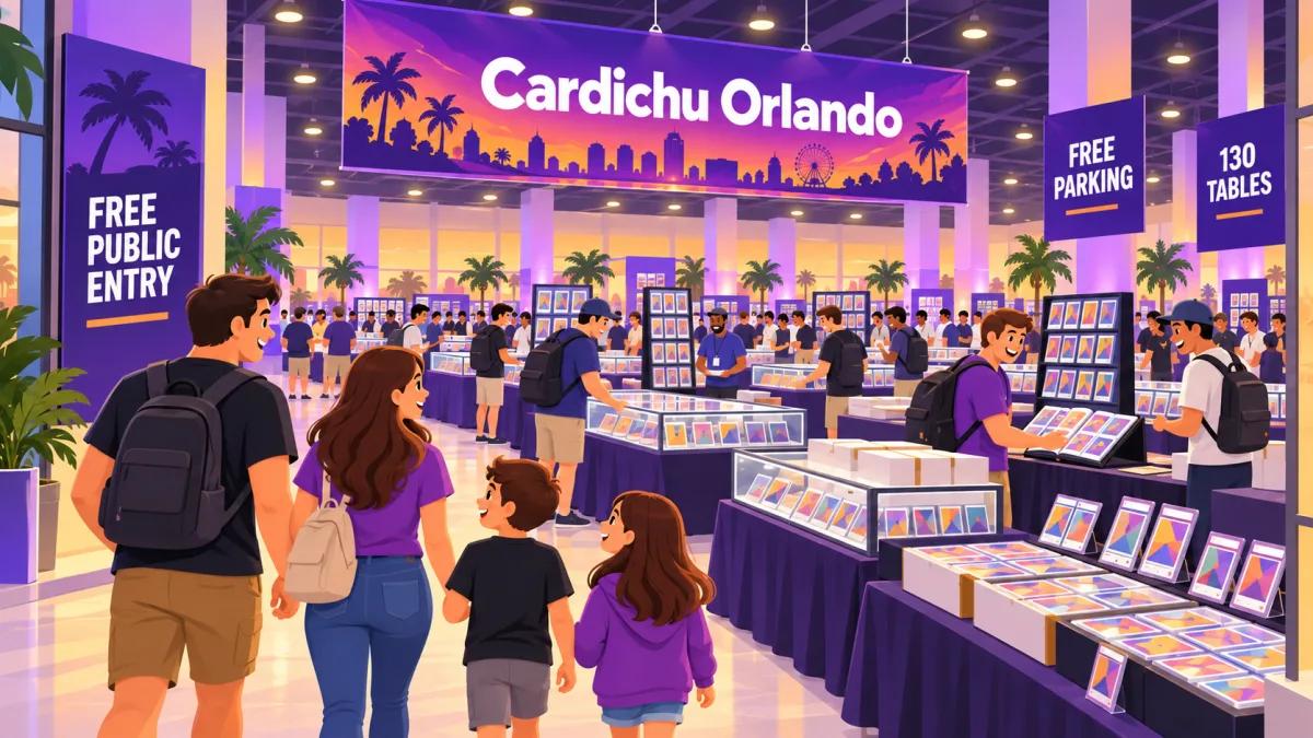 Families and collectors browse trading card tables beneath a Cardichu Orlando banner in a spacious indoor venue. Purple and orange accents frame display cases, open binders, and signs for free public entry and parking.