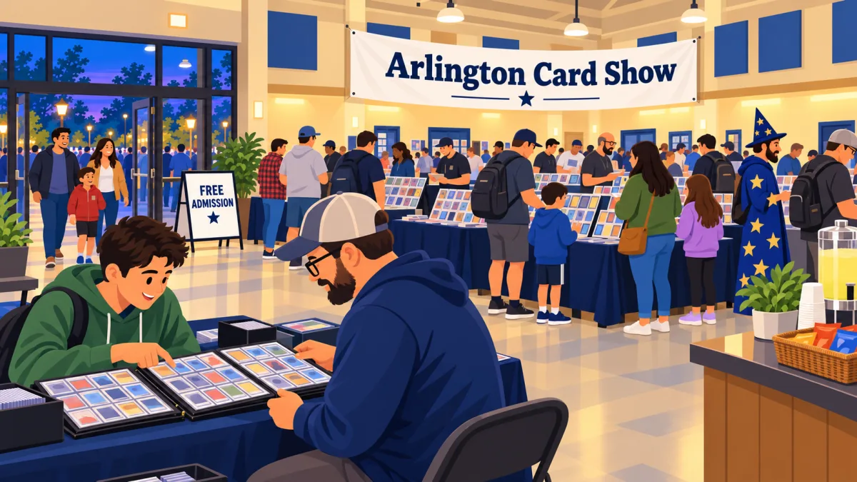 Families and collectors browse card tables beneath an Arlington Card Show banner in a warmly lit recreation hall at dusk. Two attendees compare trade binders near a refreshment counter while a visitor in a star-themed costume walks through the room.