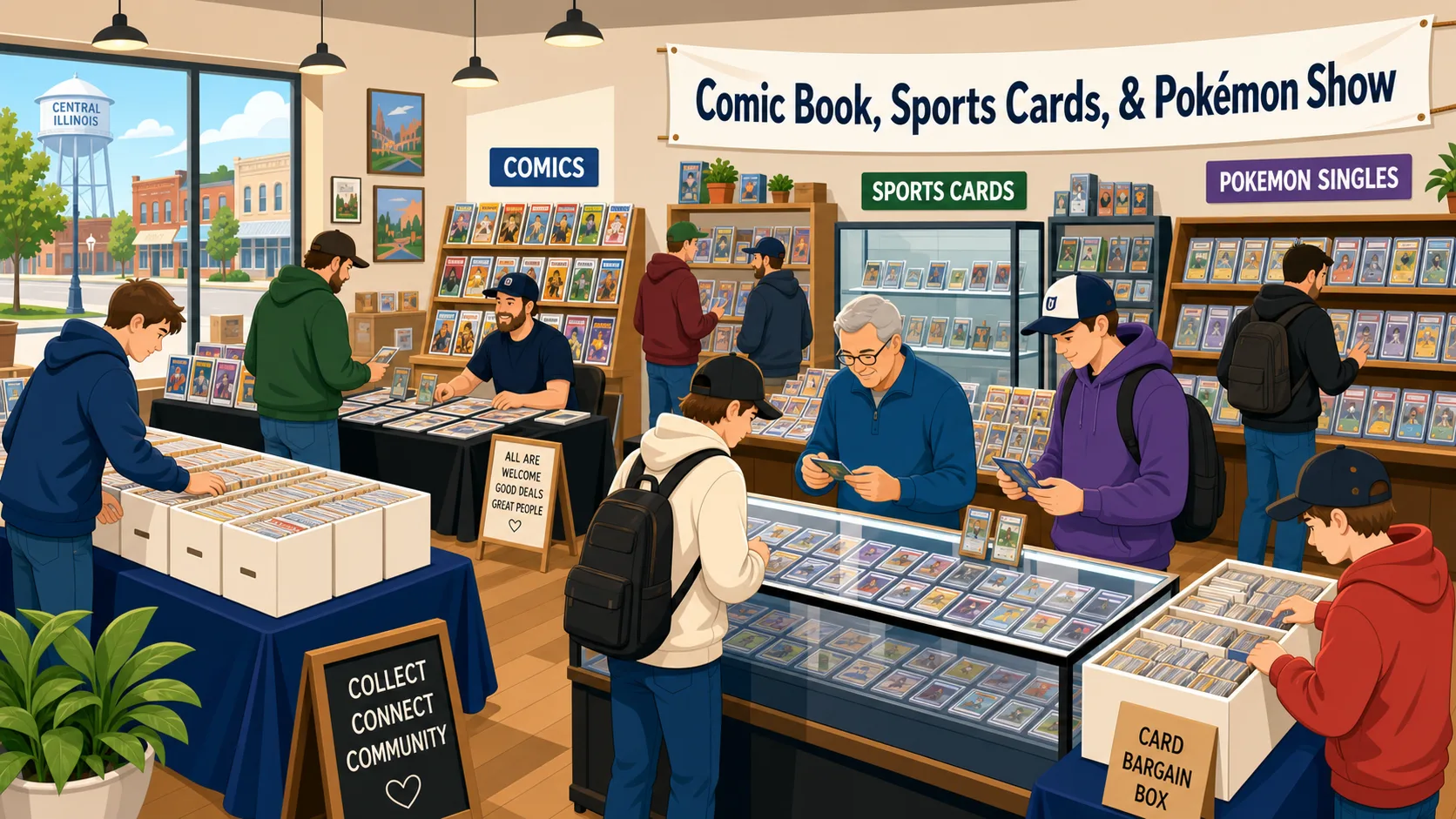 Comic Book, Sports Cards, & Pokémon Show in Central Illinois with collectors browsing graded card cases, comic long boxes, and Pokémon singles wall.