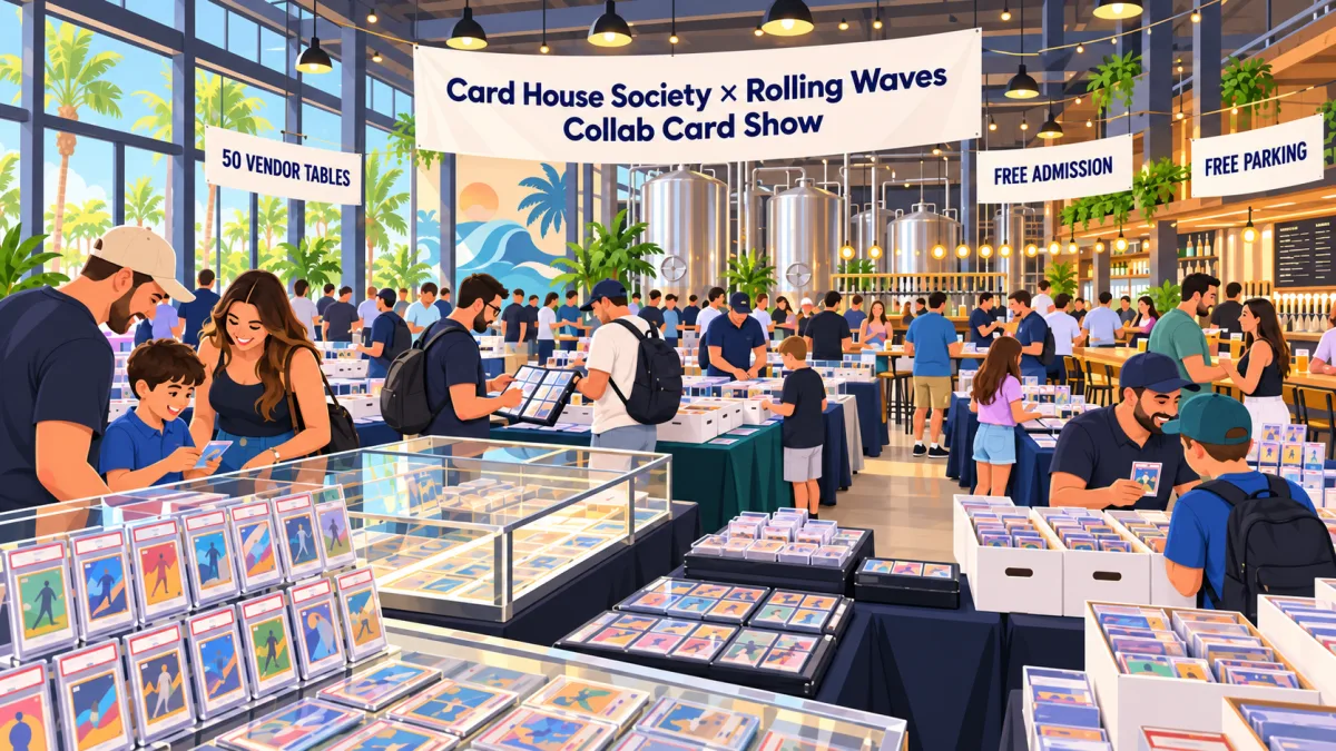 Illustration of collectors browsing card tables inside a brewery beneath a Card House Society × Rolling Waves Collab Card Show banner.