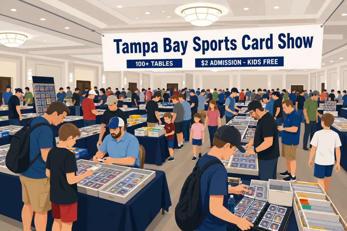 Tampa Bay Sports Card Show banner above a packed ballroom with 100+ vendor tables, families browsing card binders, and kids flipping through display boxes.