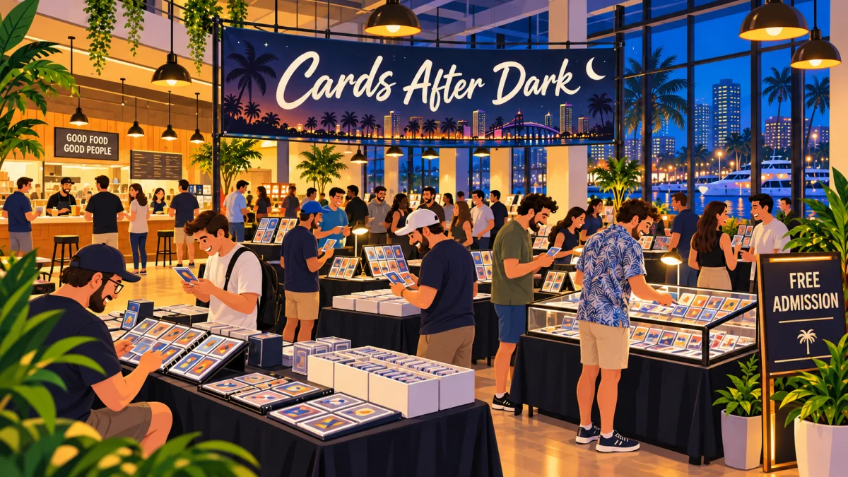 Collectors browse card displays and binders beneath a Cards After Dark banner in a warmly lit food-hall event space. Evening light fills the windows beside a free admission sign.