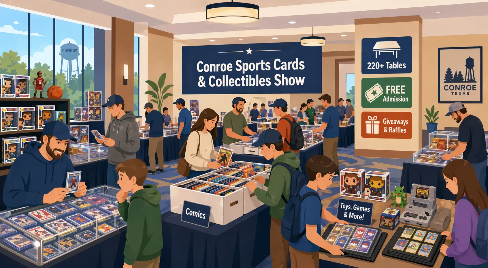 Illustrated hotel event hall at the Conroe Sports Cards & Collectibles Show in Conroe, Texas, with vendor tables, card display cases, sports cards, Pokémon binders, comics, toys, and collectors browsing and trading.