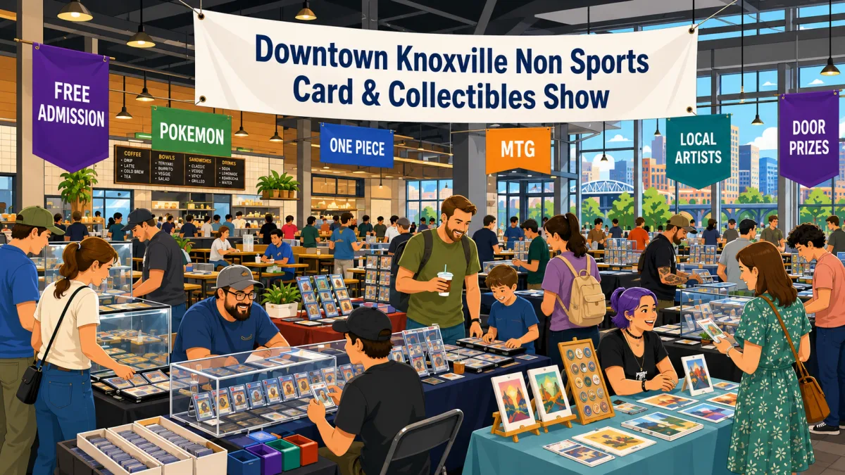 Downtown Knoxville Non Sports Card and Collectibles Show with glass display cases of graded cards, bargain box bins, and local artist prints