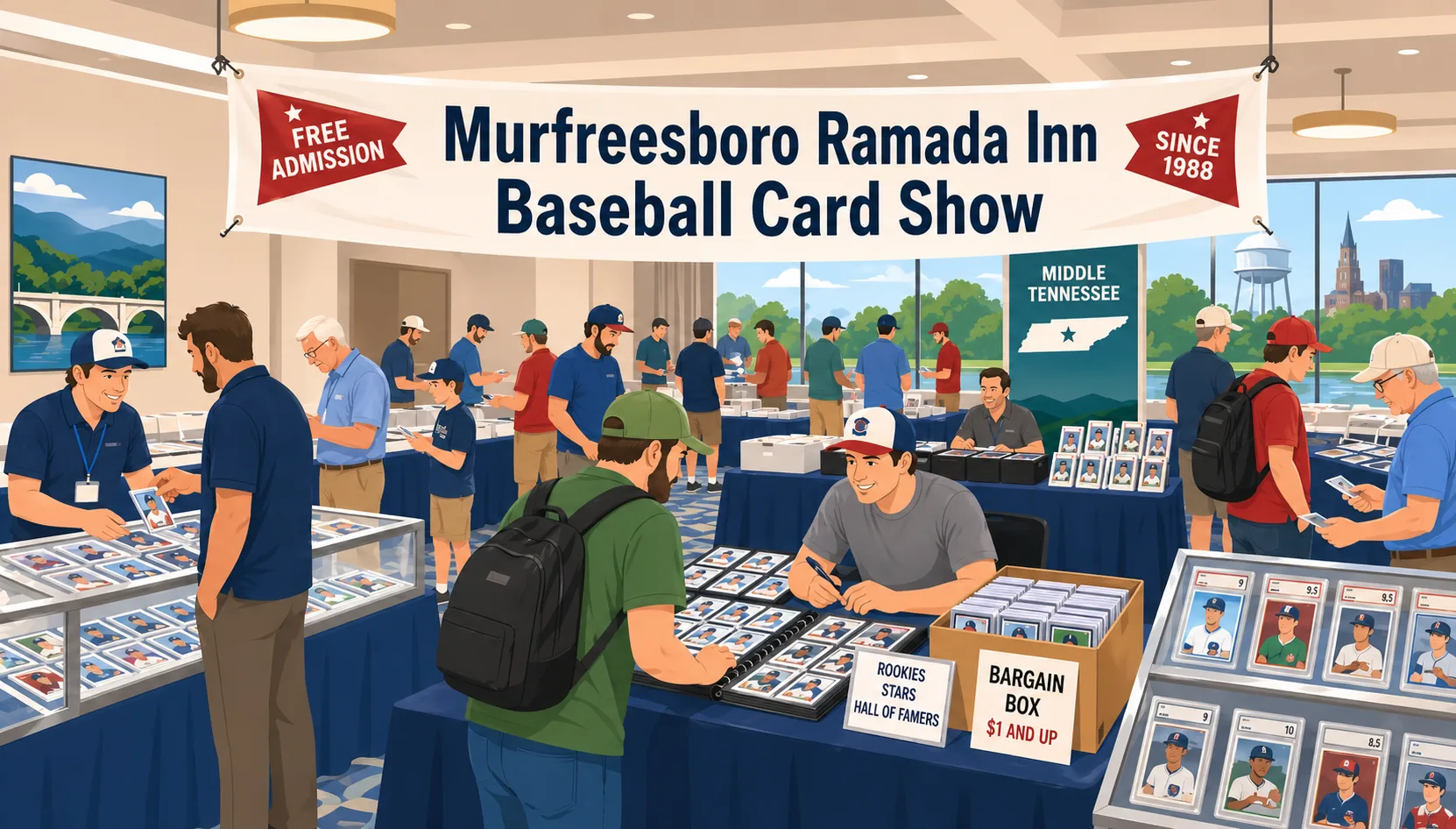 Murfreesboro Ramada Inn Baseball Card Show in Tennessee, with collectors browsing glass display cases, graded card walls, and a $1 bargain box.