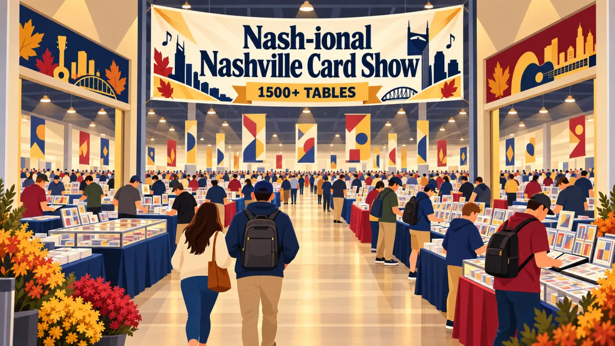 Collectors browse trading-card displays and vendor tables beneath a Nash-ional Nashville Card Show banner in a spacious expo hall. Connected exhibit areas and a small card-art display extend into the background.