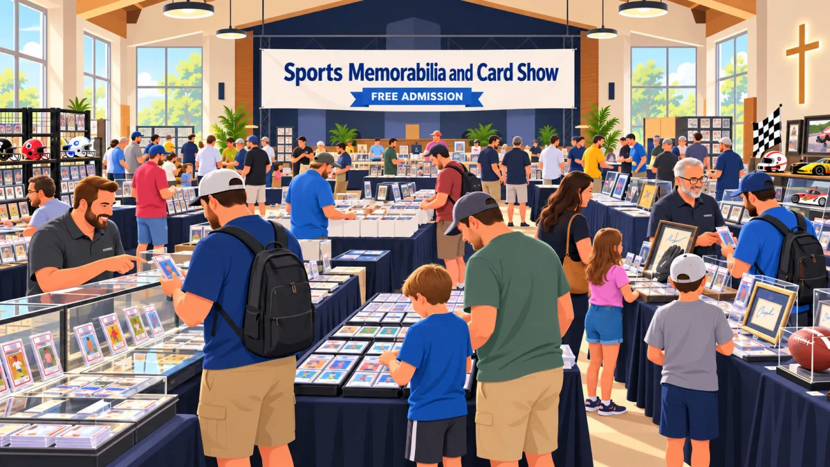 Collectors and families browse card and memorabilia tables beneath a Sports Memorabilia and Card Show banner inside a bright Lake Mary event hall.