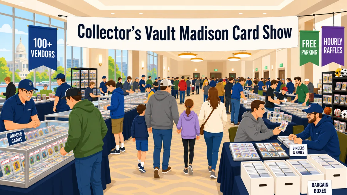 Collector's Vault Madison Card Show at the Madison Marriott West in Middleton, WI, with 100+ vendors, graded card cases, and bargain boxes.