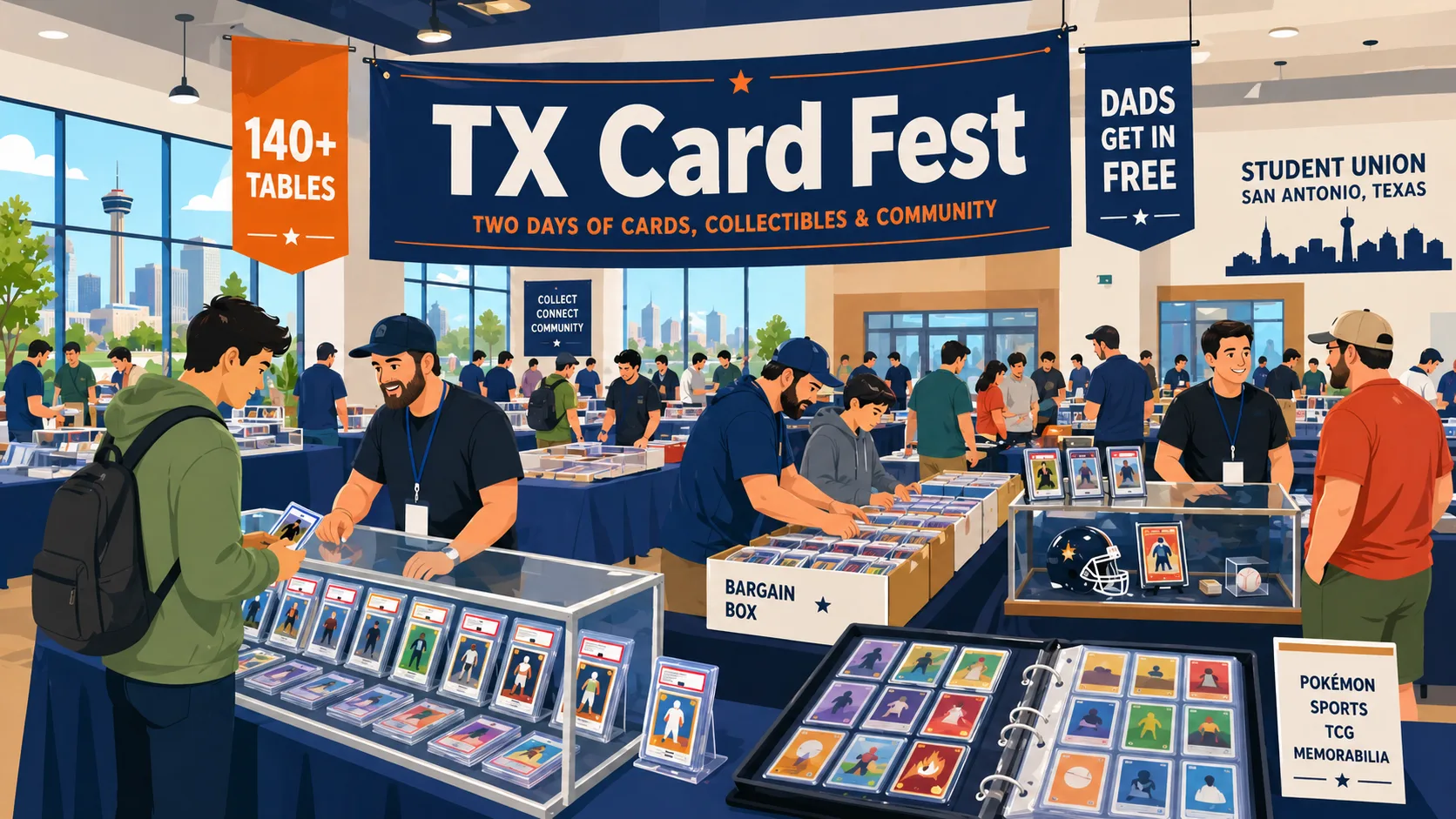 Modern vector illustration of TX Card Fest in a San Antonio university event hall, with vendor tables, card slabs, binders, memorabilia, bargain boxes, and collectors browsing.