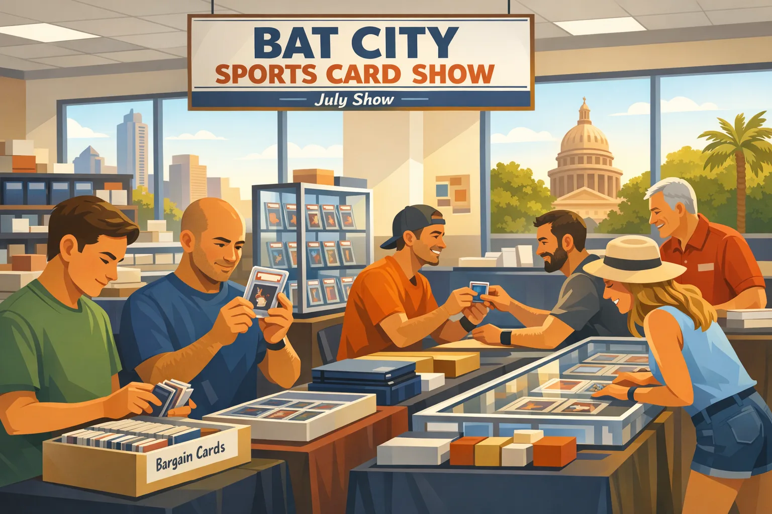 Bat City Sports Card Show in Austin, Texas in July 2026, with two men trading cards, one man viewing a graded card, a woman searching for cards, and another man watching the trade at Kenny’s Collectibles.