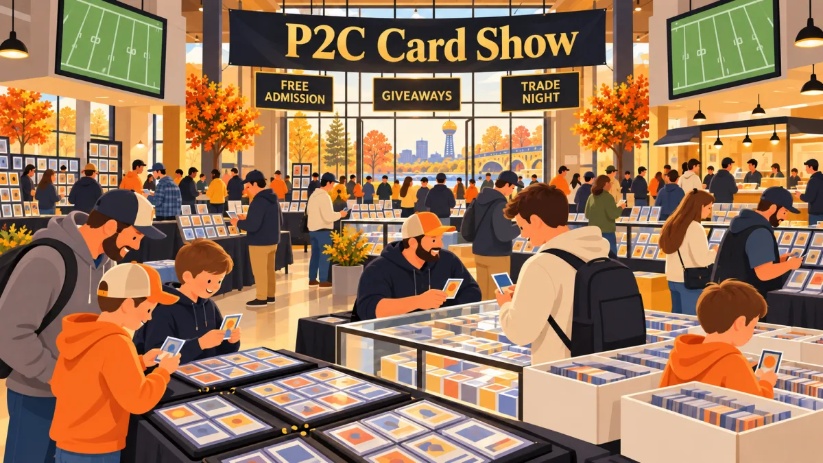 Illustration of collectors and families browsing card tables inside a Knoxville event space beneath a P2C Card Show banner, with football screens and a food-vendor area in the background.