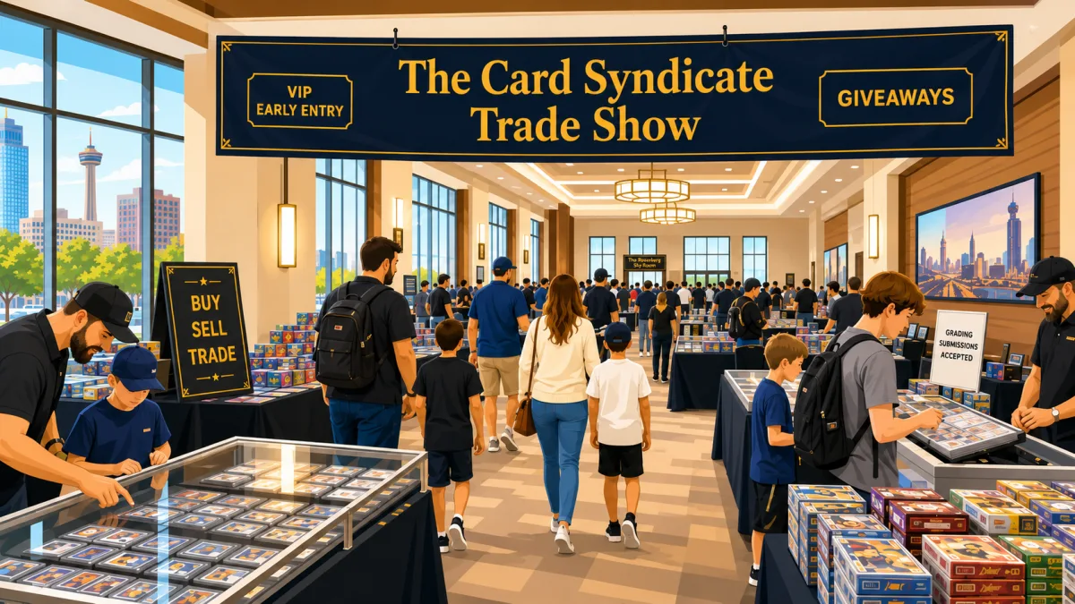 The Card Syndicate Trade Show banner over a busy vendor hall with glass cases of graded cards, stacked sealed wax boxes, and a Buy Sell Trade sign.