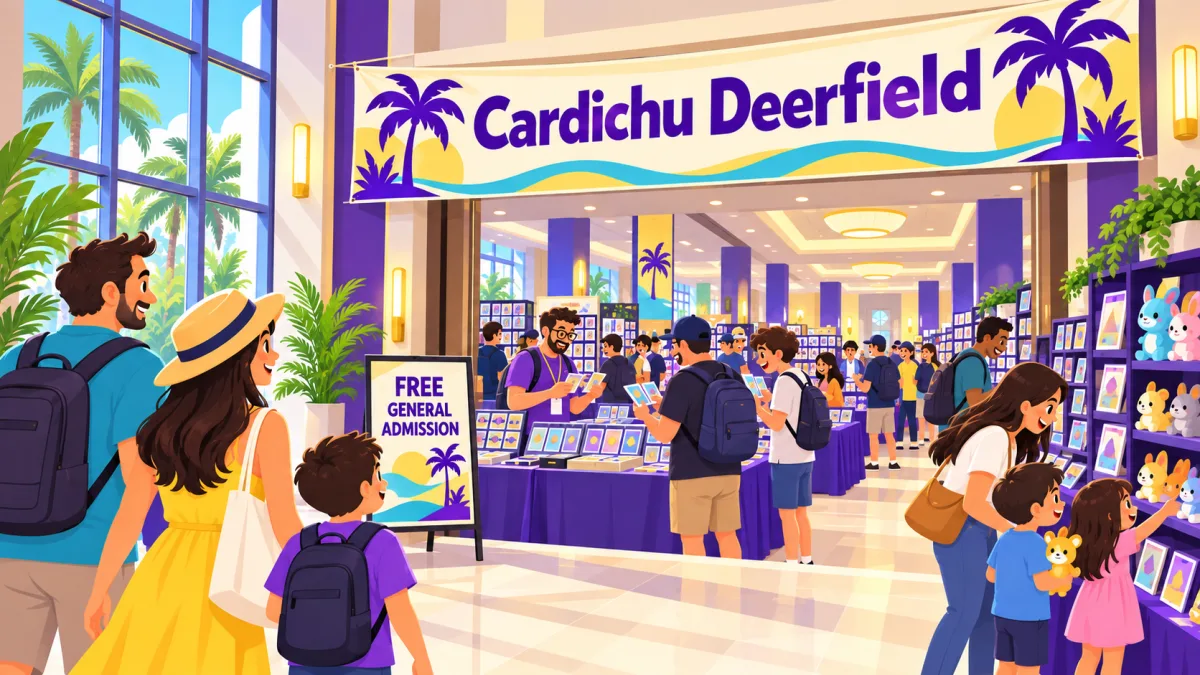 Collectors and families browse trading card tables and collectible displays inside a bright hotel event space beneath a Cardichu Deerfield banner. Palm trees are visible through the lobby windows.