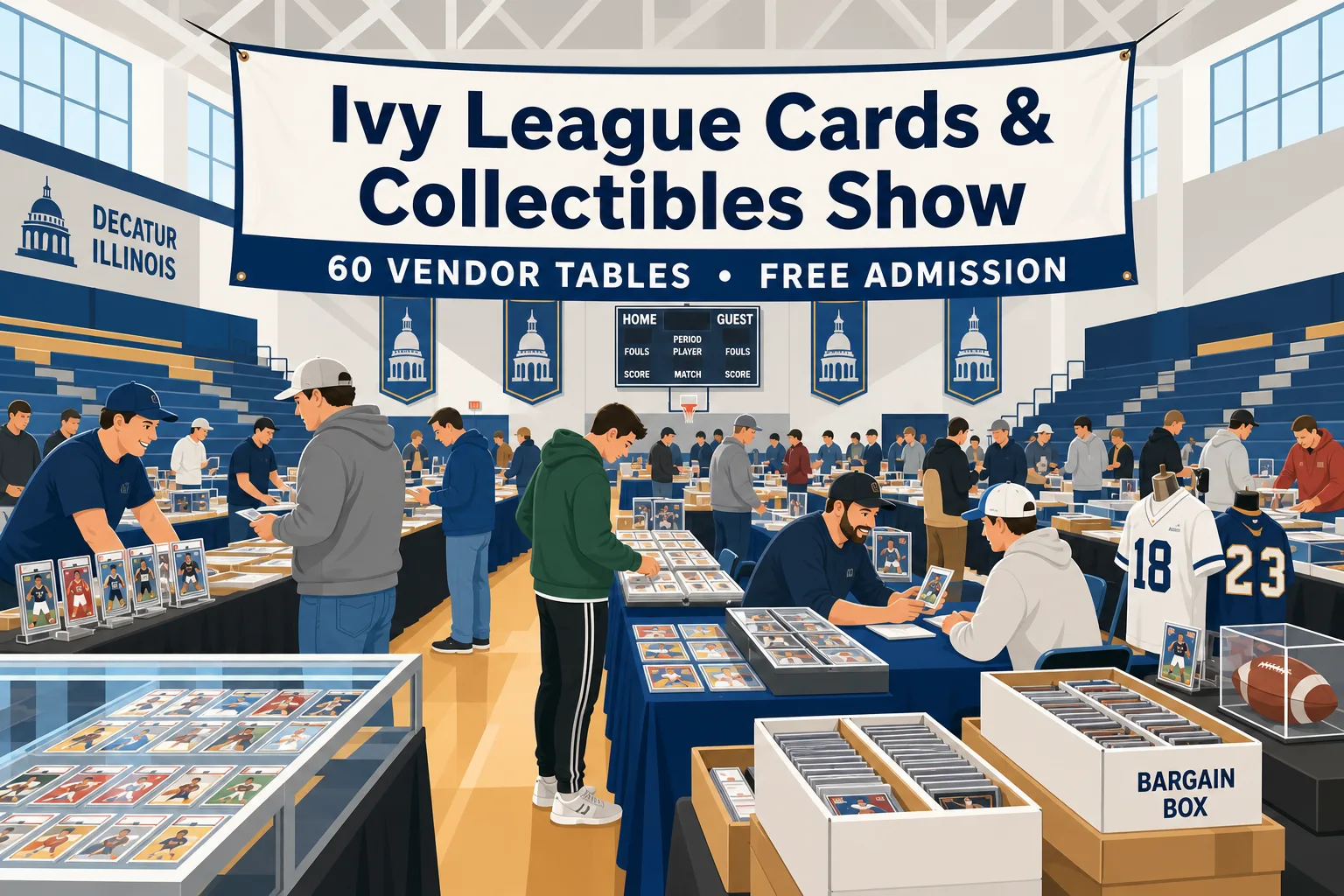 Ivy League Cards & Collectibles Show in Decatur, Illinois — gym packed with 60 vendor tables, graded card displays, sports jerseys, and a bargain box.