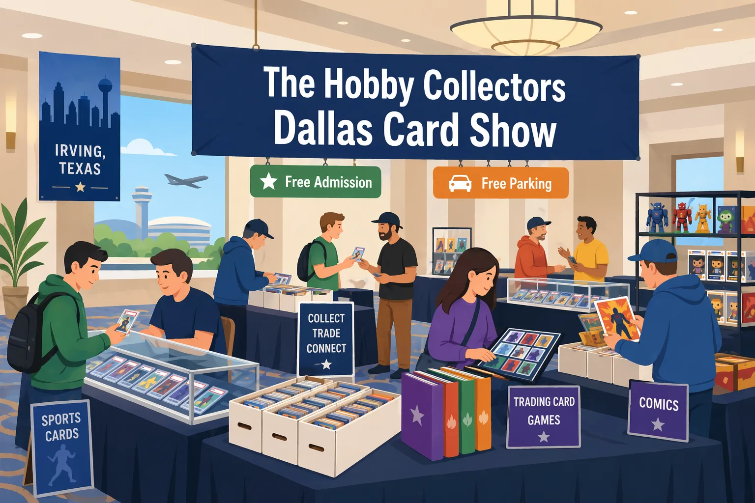 Illustration of The Hobby Collectors Dallas Card Show in Irving, Texas, showing a busy hotel ballroom with vendor tables, sports card cases, TCG binders, comic boxes, collectibles, and attendees browsing.