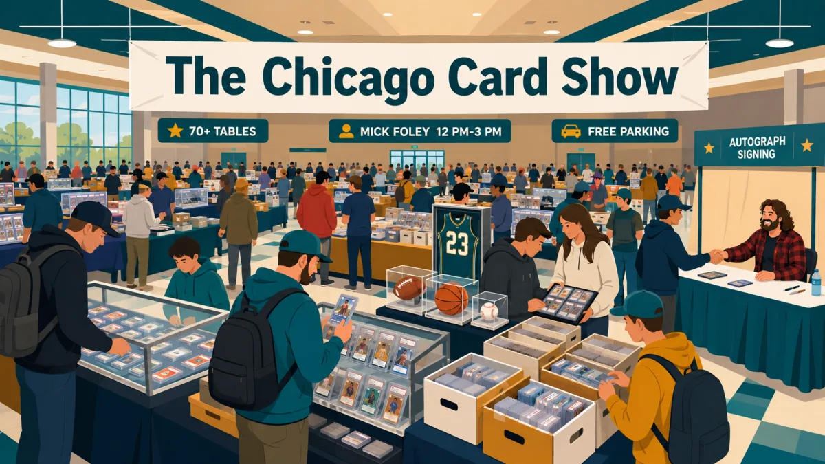 Illustration of collectors browsing card tables and an autograph area inside Bridgeview Community Center beneath The Chicago Card Show banner with 70+ tables, Mick Foley appearance, and free parking callouts.