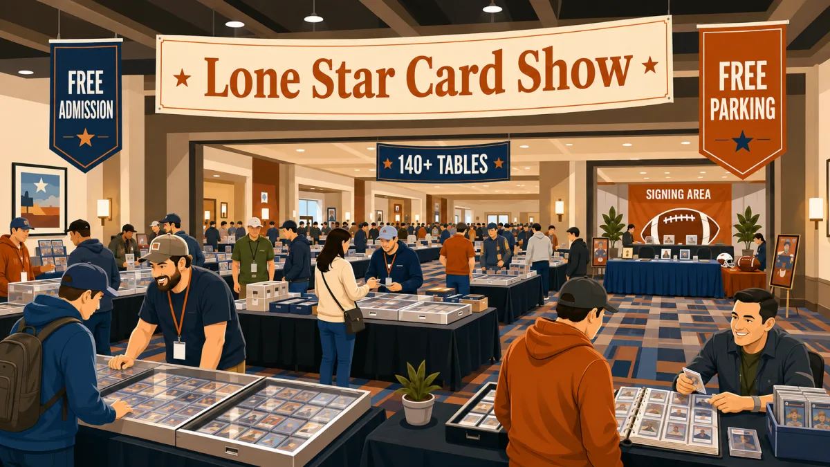 Illustrated Lone Star Card Show entrance inside a conference hall with rows of collector tables and banners noting free admission, free parking, and 140+ tables.