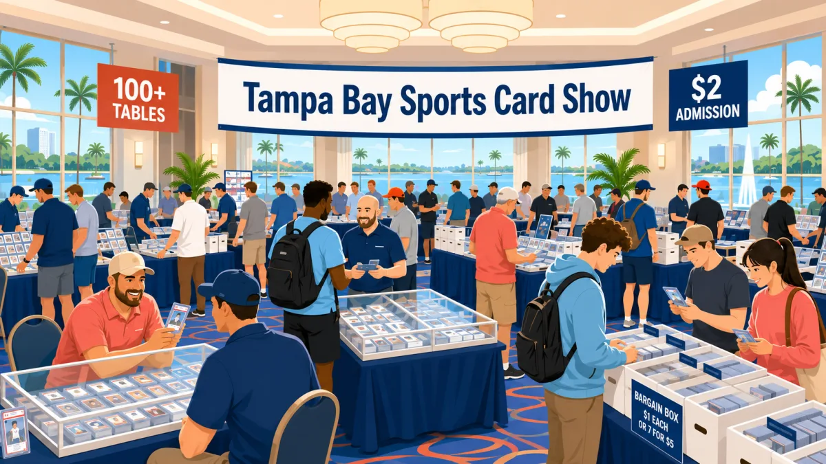 Illustration of collectors browsing card tables and display cases inside a bright waterfront hotel ballroom beneath a Tampa Bay Sports Card Show banner.